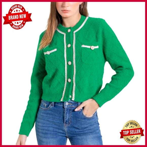 Cropped Cardigan Sweater Long Sleeve Open Front Button Down Tweed - Picture 2 of 7